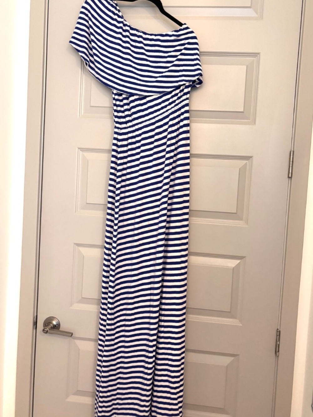 Luna Sol Striped Blue & White Off-Shoulder Maxi Dress ~ Size Medium